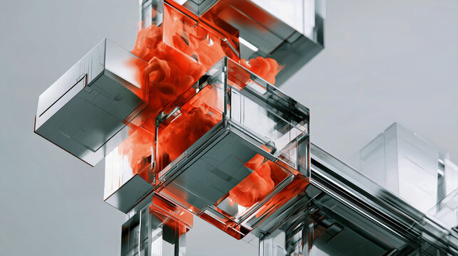 Stacked transparent cubes reveal orange geometric forms in a precise architectural abstract composition for branding and design.