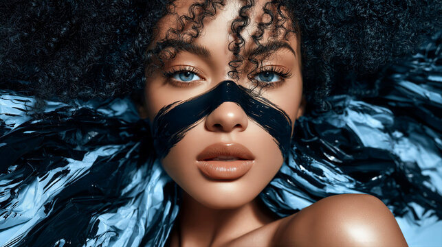 Portrait of a young woman with curly hair and flowing blue water across her eyes for beauty advertising.