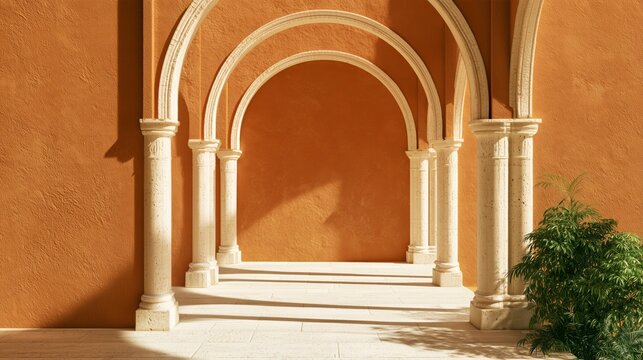 Sunlit stone arches and pale columns rise beside warm terracotta walls in elegant architecture for interior design.