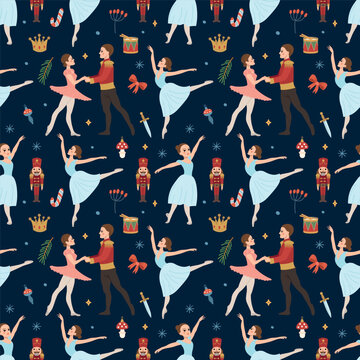 Nutcracker Christmas seamless pattern with elegant ballerinas, toy soldiers, crowns, drums and festive ornaments on a dark background.  