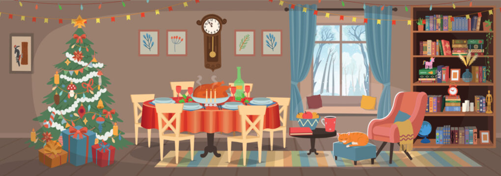 Cozy Christmas living room with a decorated tree, bookshelves, gifts, armchair, cat and winter window.
