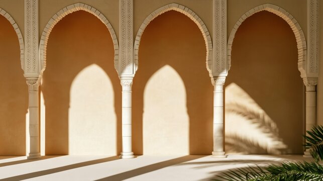 Repeating cream arches form a long colonnade with soft sunlight and shadows in serene architecture for editorial use.