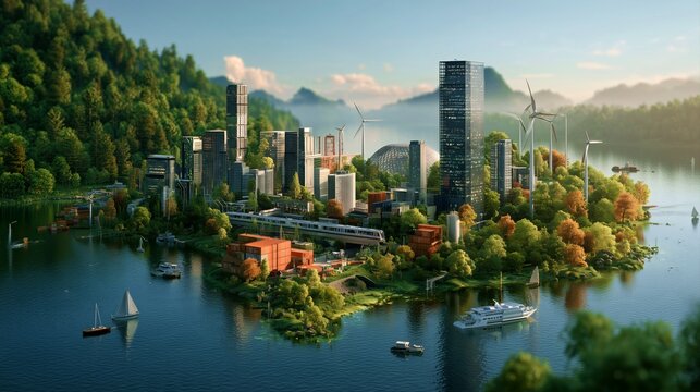 Autumn lakeside town with modern buildings colorful trees and calm water offers scenic landscape views for travel editorial.
