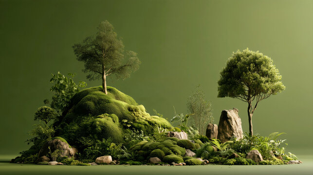 Lush miniature green island with trees moss and rocks presents a nature concept for environmental branding and advertising.