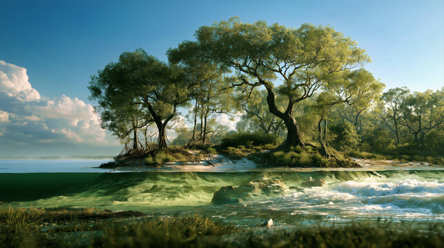 Sunlit meadow with mature trees and a winding river stretches under blue sky in peaceful landscape scenery for editorial.