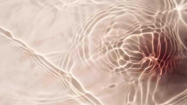 Overhead static shot of clear water with mesmerizing caustic light patterns shimmering and rippling across a sandy bottom.