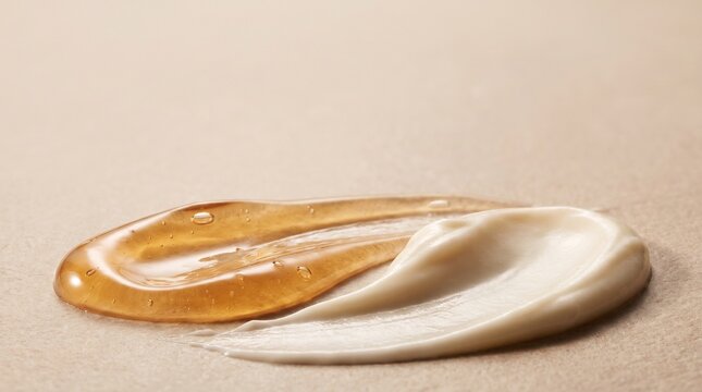 Abstract Ivory Cream and Amber Gel Cosmetic Textures. Macro beauty background featuring flowing ivory cream and translucent amber gel in a minimalist composition.