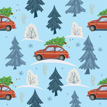 Blue Christmas seamless pattern featuring red cars with Christmas trees, snowy pine trees and delicate winter details.  