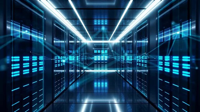 Illuminated server racks line a symmetrical data center corridor as blue lights pulse. Technology presentations, cloud computing advertising, and cybersecurity communications.