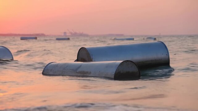 Floating marine aquaculture cages bob on seawater beneath a pink sunset horizon. Aquaculture industry presentations, fish farming education, and sustainable seafood campaigns.