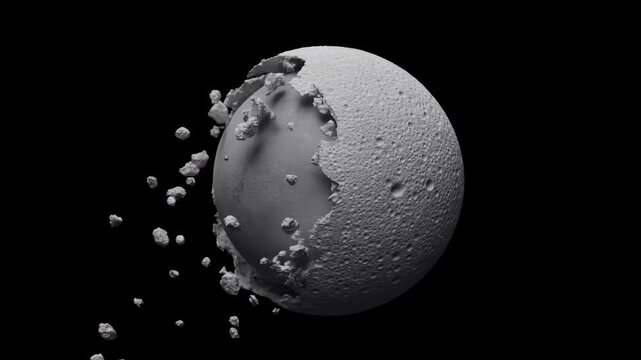 Crumbling sphere disintegrates into fragments in an isolated black void. Risk management presentations, engineering failure explainers, and business crisis communication.