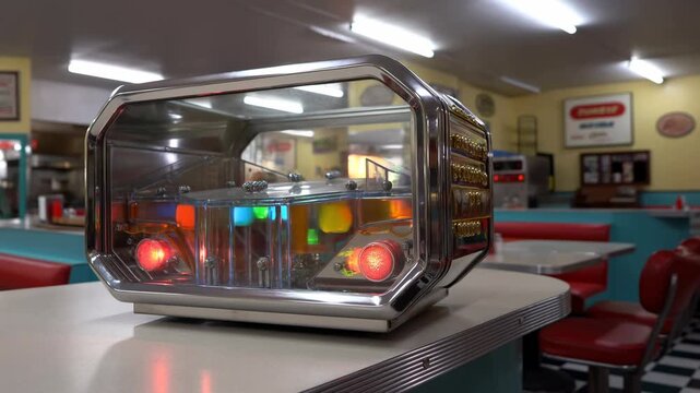 Retro tabletop jukebox lights change color inside a nostalgic diner interior. Restaurant promotion, music history content, and retro lifestyle advertising.