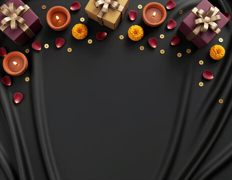 Diwali decorations with diyas and gifts on black background