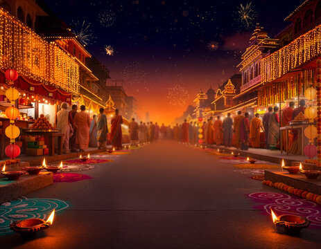 Diwali celebration on a glowing Indian street at sunset