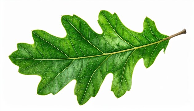 Single oak leaf with rich green tones and detailed veins, isolated on white background.