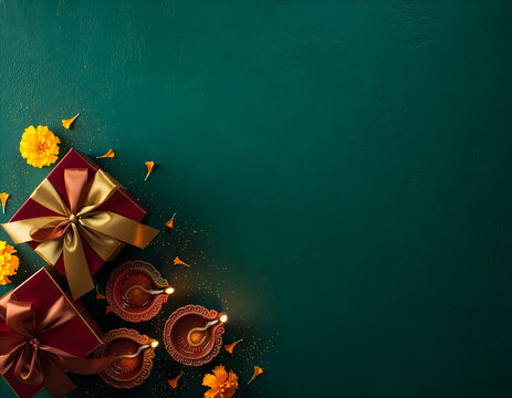 Diwali gifts, diyas and marigolds on green background
