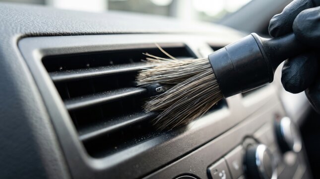 Gloved hand cleaning dusty car air vent with soft detailing brush, representing interior cleaning, deflector dust removal, car care and professional detailing service