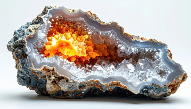 Small geode with a sparkling crystal interior and rough exterior, white background.
