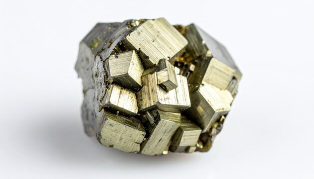 Pyrite mineral specimen with metallic cubic crystal formations, pure white background.