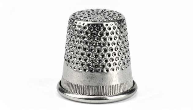 Small metal sewing thimble with a dimpled surface, isolated on white background.