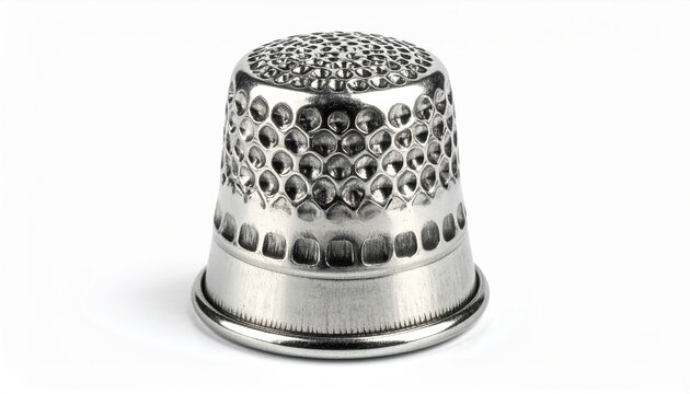 Small metal sewing thimble with a dimpled surface, isolated on white background.