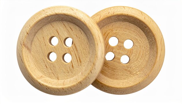 Plain wooden sewing button with two clean holes, isolated on white background.