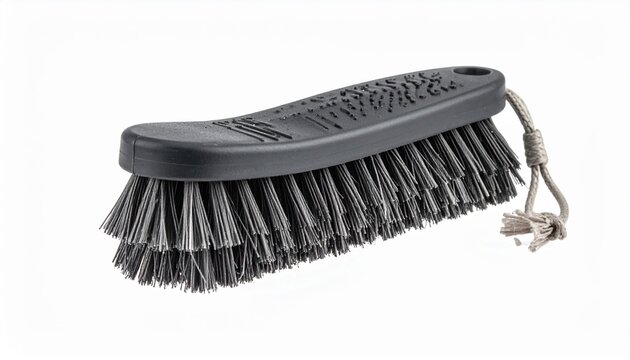 Compact scrub brush with stiff bristles and an ergonomic handle, white background.