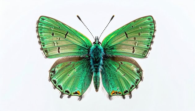 Macro photograph of a green hairstreak butterfly with emerald wing surfaces, white background.