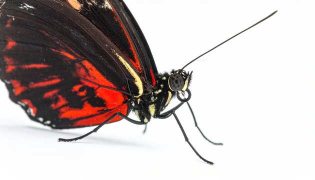 Macro photograph of a red lacewing butterfly with intricate dark patterns, isolated on white background.