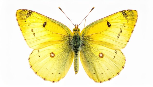 Macro photograph of a clouded yellow butterfly with pale yellow wings, isolated on white background.