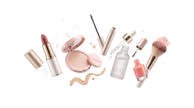 Professional cosmetic set featuring rose gold lipstick, face powder, mascara, and serum. Premium beauty products for makeup artistry and skincare. isolated PNG with Transparent Background