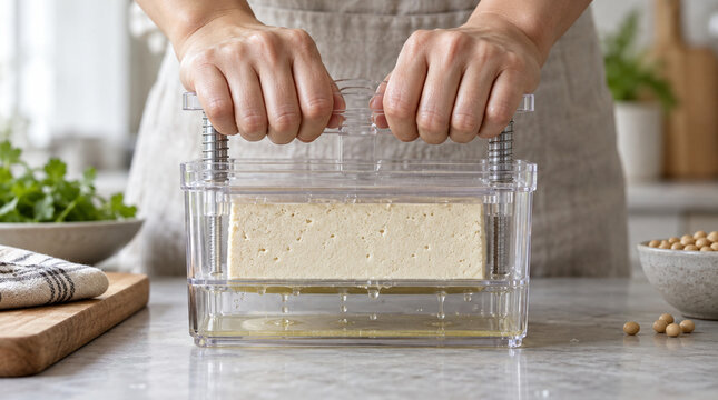 Manos presionando tofu firme dentro de prensa dom&eacute;stica