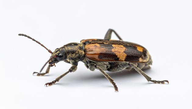 Macro photograph of a checkered click beetle with patterned brown wing covers, pure white background.