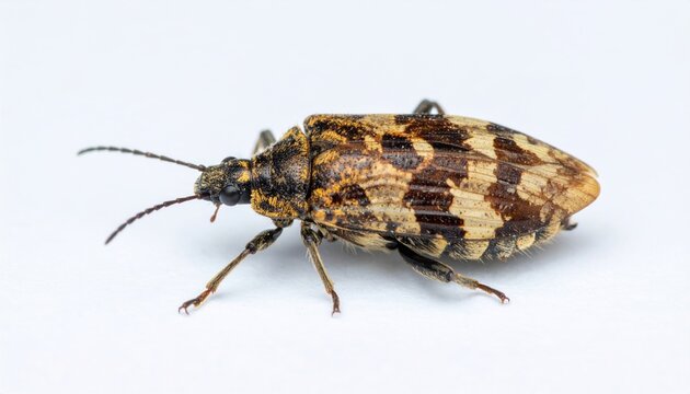 Macro photograph of a checkered click beetle with patterned brown wing covers, pure white background.