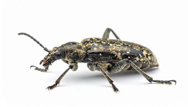 Macro photograph of a mottled bark beetle with detailed textured elytra, isolated on white background.