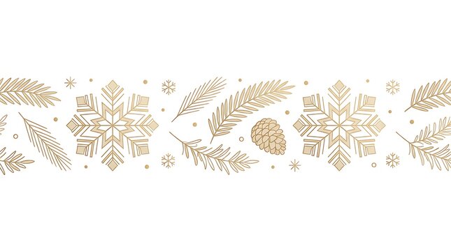 Decorative Winter Border Element with Stylized Golden Snowflakes, Evergreen Pine Branches and Rustic Pine Cone