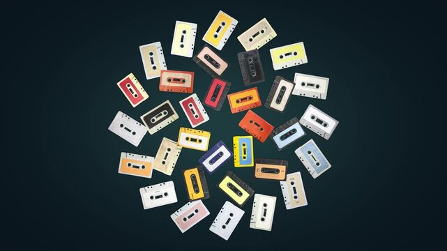 Colorful cassette tapes spin in a radial sun pattern, breathing outward and inward on a dark backdrop. Playful retro music motion evokes nostalgia for mixtapes and analog sound.