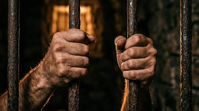 Weathered hands gripping rusty iron bars in a dark confined interior, with warm light and blurred vertical metal framing creating a dramatic close up of imprisonment and captivity