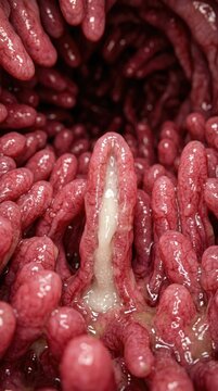 Intestinal lacteal filled with milky chyle, demonstrating lymphatic lipid absorption inside mucosal villus structure, visualizing enterocyte histology, wet epithelium anatomy.