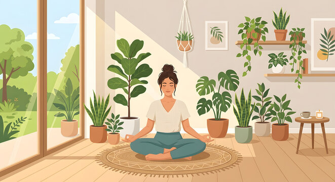 Woman meditating in a plant-filled living room illustration
