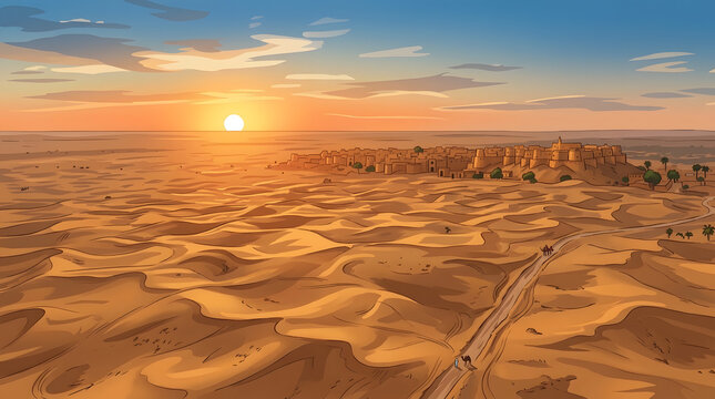 Desert landscape with ancient town at sunset