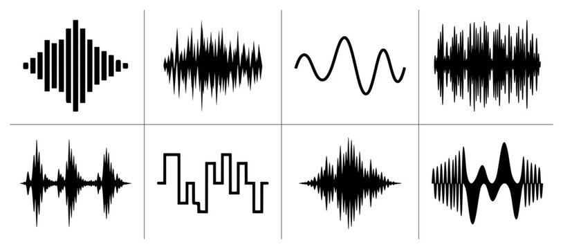 Sound wave set with audio visualizations and waveforms for music and technology, graphic elements