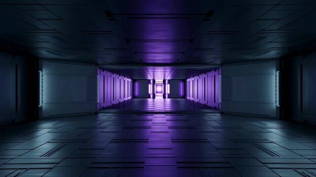 Futuristic corridor recedes through illuminated metallic panels toward a glowing vanishing point. Technology presentations, science fiction title sequences, and game trailers.