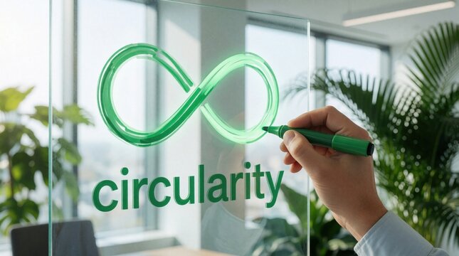 Business person writes circularity text, green infinity symbol on transparent glass board. Concept of circular economy, sustainability in modern office. Hand uses green marker to plan eco friendly