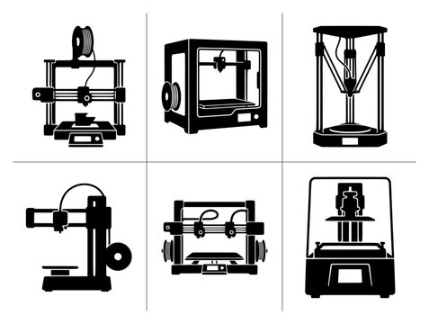 3D printer silhouettes set with various models for manufacturing and prototyping