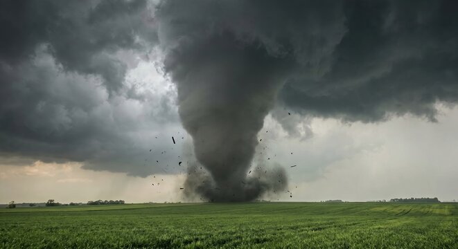 Massive dark grey tornado touching down in a rural farming field