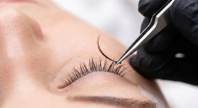 Beautician attaching a single false eyelash extension with tweezers