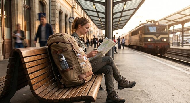 Female backpacker looking at a map at a European train station