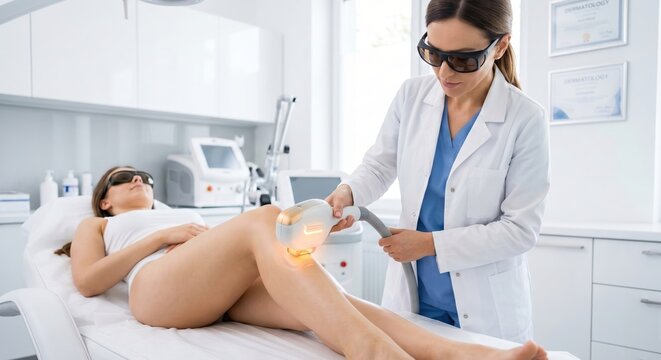 Dermatologist using a laser hair removal device on a client's leg