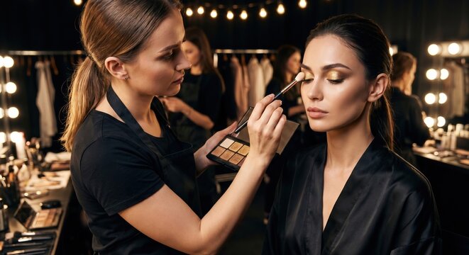 Makeup artist applying shimmering gold eyeshadow to a model